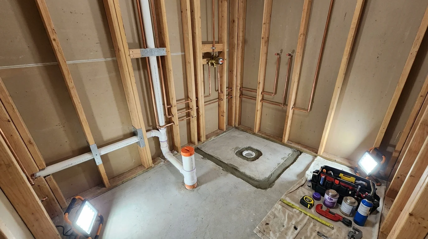 Bathroom rough-in plumbing during remodel by Johns Plumbing LLC in Blair