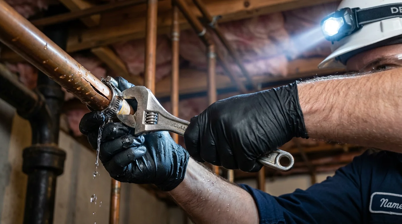 Emergency pipe clamp repair being performed by a Johns Plumbing LLC plumber in Blair