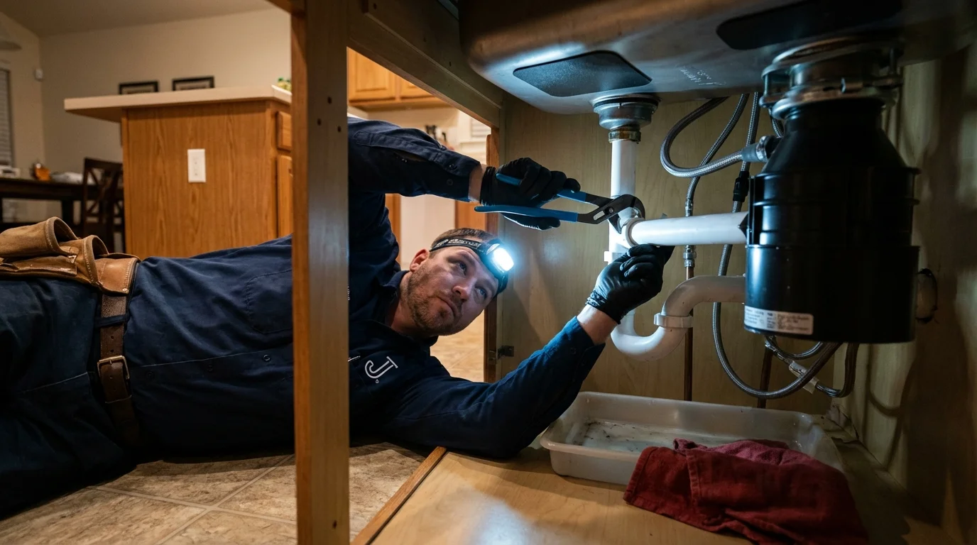 P-trap and supply line connections under a kitchen sink showing a common leak point in Blair, NE